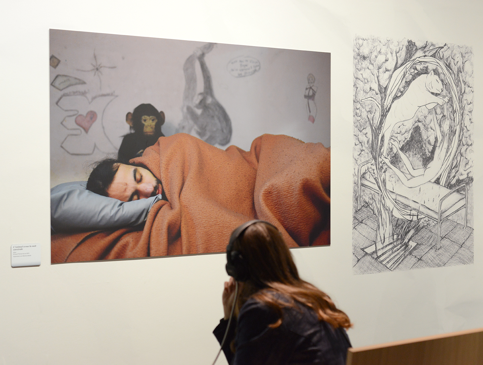 Arnaud Théval "L'animal troue la nuit carcérale" (2024) installation photo, dessin et pièces sonores réalisées avec Pauline Boyer