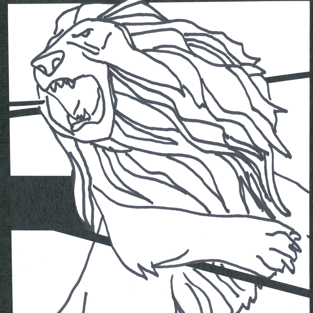 Arnaud Théval "Métamorphoses d’un lion, scène 1" (2024) photographies, textes et dessins par A.Théval. Conception graphique par Mathieu Tremblin. Université Jean Moulin, Lyon III.