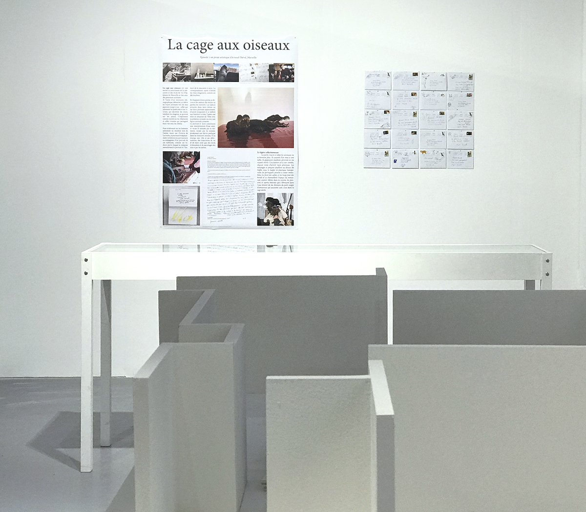 La cage aux oiseaux (trompe la mort !) 2018. Installation format variable (photos, affiches, lettres, maquette et vidéo). Centre Photographique Marseille.